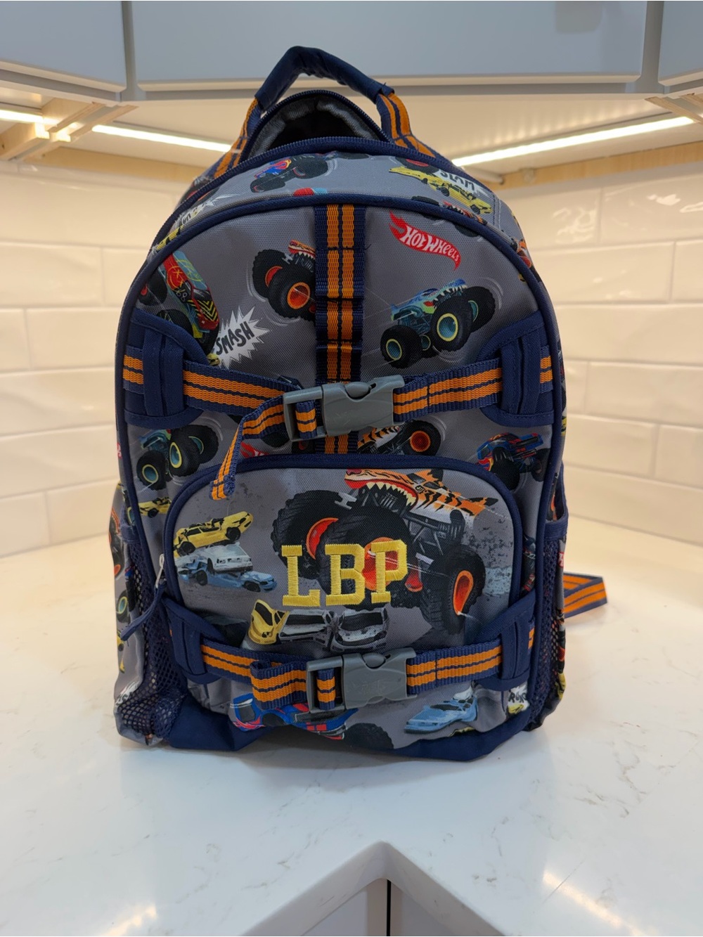 Pottery Barn Kids Monster Truck Backpack and lunchbox in Navy, Gray and Orange